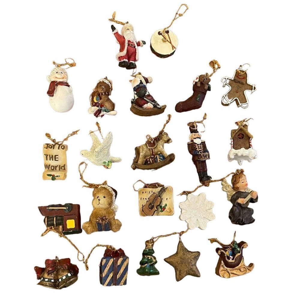 Vintage 22 Miniature Christmas Ornaments 1” Resin Santa Snowmen Angels Drum